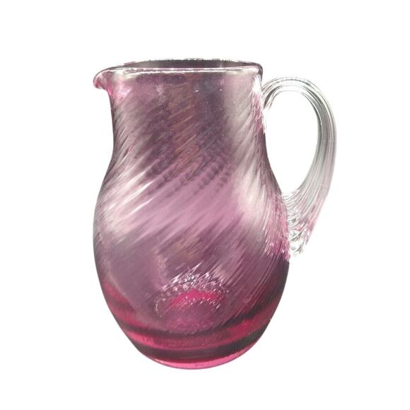 Vtg Hand Blown Cranberry Glass Creamer Ribbed Swirl Applied Handle 5" Small - Picture 2 of 12